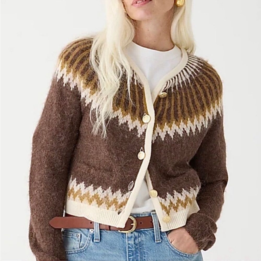 J Crew Isle  Cardigann Alpaca/ Wool Blend Brown Ivory